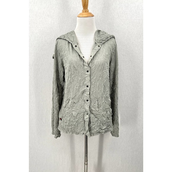 BABETTE Jacket Womens XS Sage Gray Drawstring Hoodie Perforated Long Sleeve Snap - Picture 1 of 16